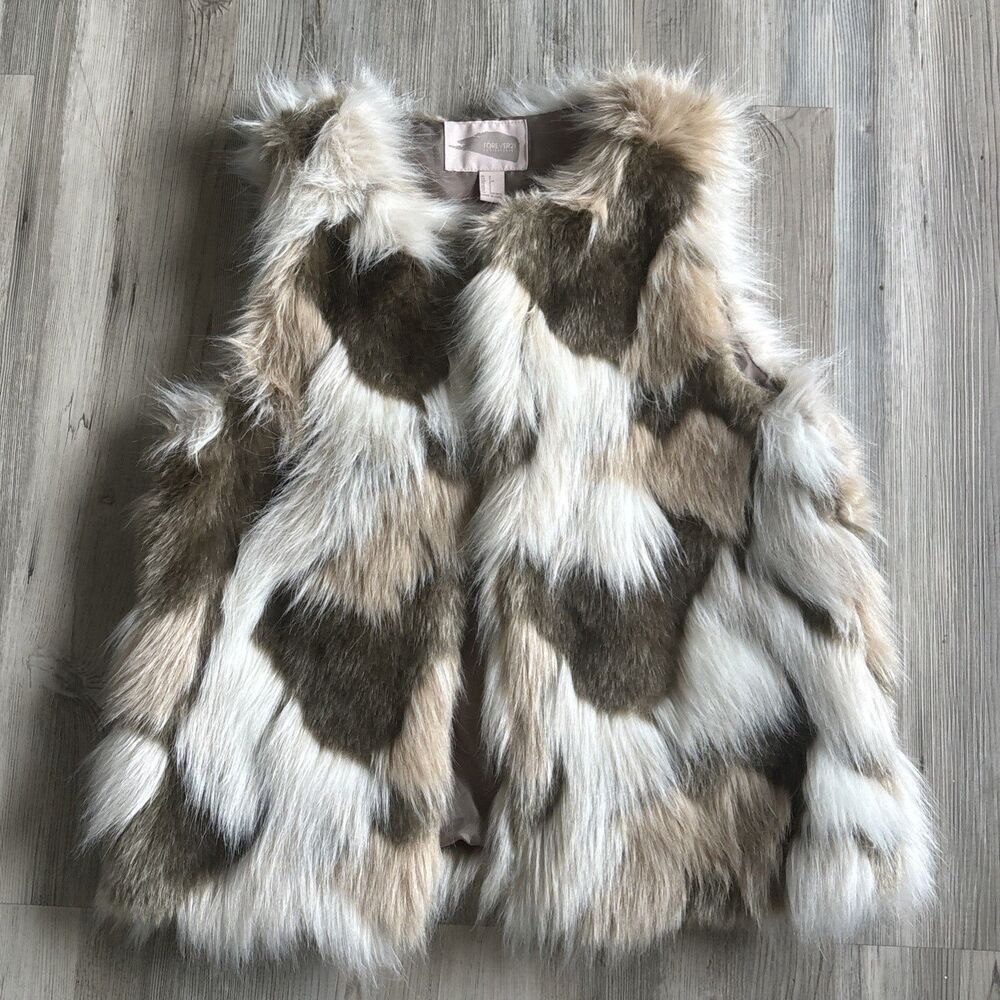 Forever 21 Faux Fur Patchwork Vest in Brown, Cream & White